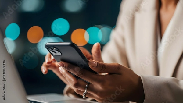 Fototapeta Modern female executive urban workspace close up hands holding smartphone with city bokeh background in professional detail