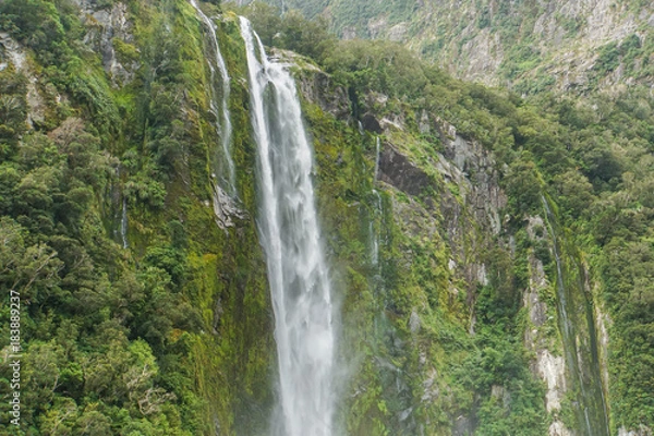 Fototapeta high large green waterfall in Milford Sound New Zealand