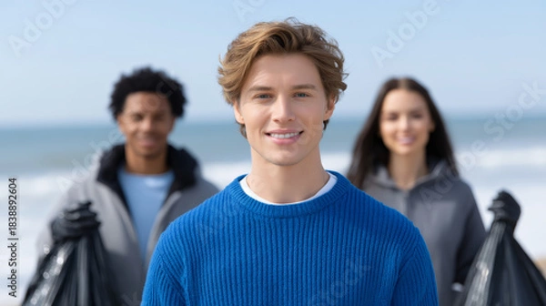 Fototapeta Volunteer beach cleanup youth teamwork eco ocean smile community environment Enthusiastic youth volunteer beach cleanup, smiling with team by ocean, fostering community spirit and environmental