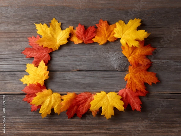Fototapeta Autumn leaf frame fall foliage maple leaf wooden background rustic border orange leaf yellow leaf red leaf seasonal decor copy space with cozy mood on weathered wood, warm and inviting composition