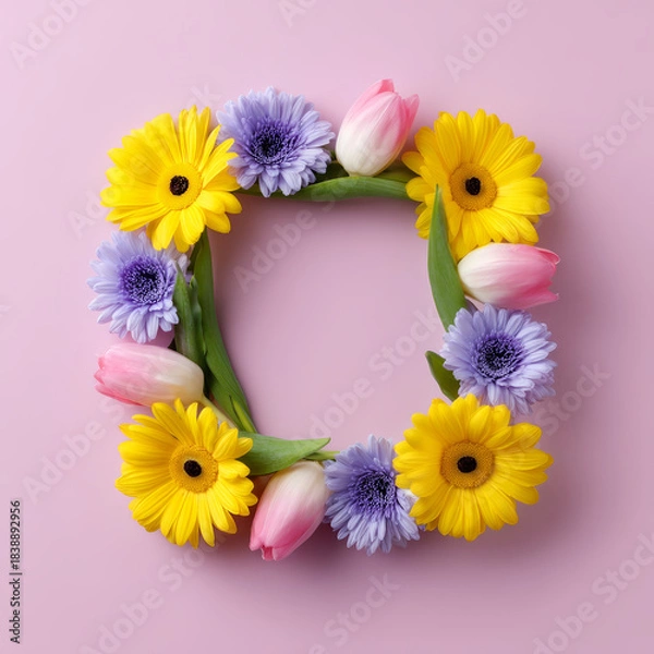 Fototapeta Yellow gerbera pink tulip purple daisy spring wreath floral frame pastel background square arrangement fresh blossom botanical design minimal style celebrate gentle mood with vibrant petals