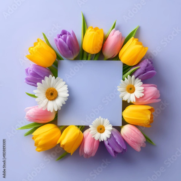 Fototapeta Spring flower frame tulip daisy pastel color floral border square space blank background minimal design soft light greeting card