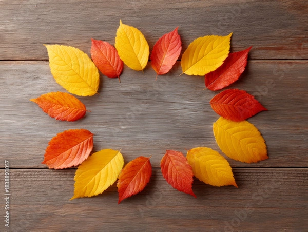 Fototapeta Golden leaf circle autumn foliage fall leaves wooden background seasonal frame orange leaf yellow leaf red leaf rustic board natural pattern create warm seasonal wreath on wood