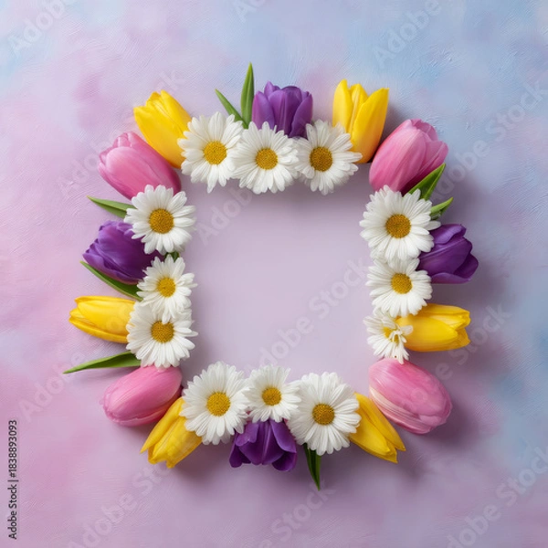 Fototapeta Spring floral frame tulip daisy pastel square border background flat lay pink yellow purple white petals soft texture greeting card copy space feminine mood cheerful vibe