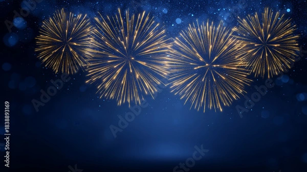 Fototapeta Golden fireworks night sky celebration festive sparkle blue background holiday party New Year bright burst fill dark blue scene with shimmering light and joyful mood for event or greeting card