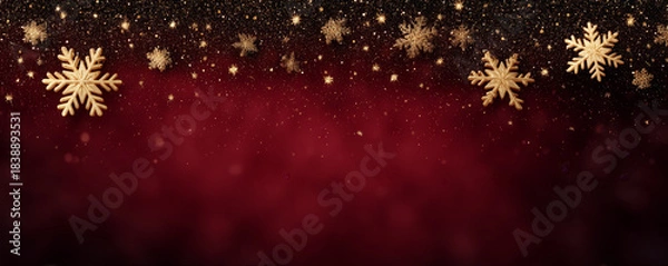 Fototapeta Golden snowflake red background glitter festive holiday winter sparkle bokeh decoration celebration gently float across deep red gradient, creating warm joyful mood for seasonal greeting and party