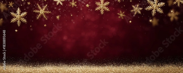 Fototapeta Gold snowflake red background festive backdrop holiday season glitter border winter theme sparkling star elegant design copy space celebration mood Joyful gold snowflake fall over deep red