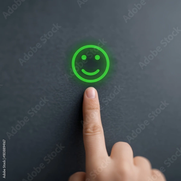 Fototapeta Smile icon green neon touch finger feedback rating user interface button satisfaction positive mood glowing smile icon on dark wall, gentle touch conveys satisfaction and modern feedback concept