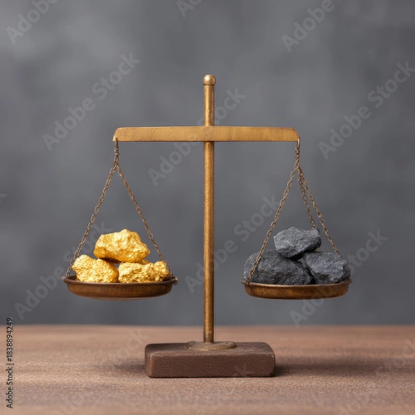 Fototapeta Gold nugget balance scale black rock comparison value metal mineral precious weight trade. Gold nugget balance scale black rock comparison value metal mineral precious weight trade concept wooden