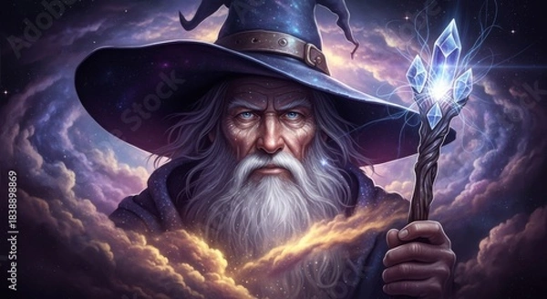 Fototapeta Powerful wizard with crystal staff in a celestial cloudscape