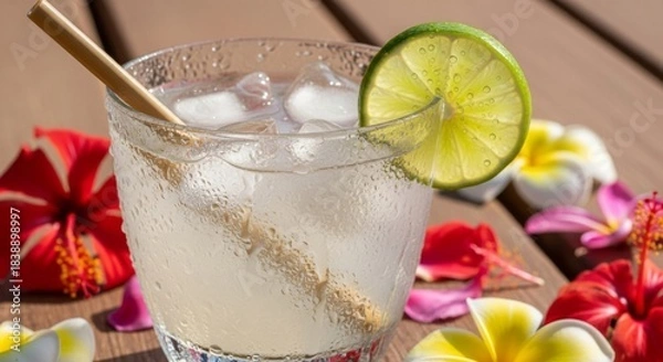Fototapeta Refreshing tropical cocktail with lime and flowers