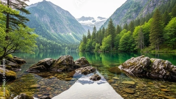 Fototapeta Serene alpine lake with clear water and rocky foreground
