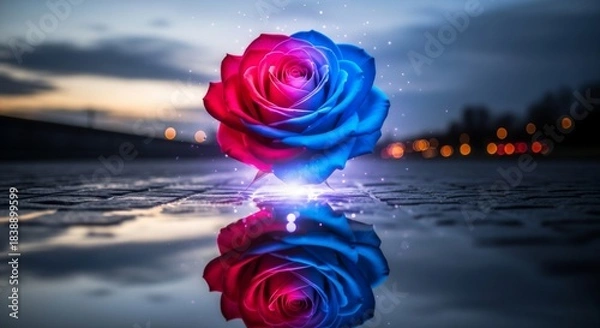 Fototapeta Vibrant rose mirrored on a reflective surface at dusk