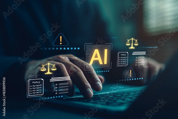 Obraz Artificial intelligence and law concept. Businessman working on laptop with icons of AI regulation, policy, ethics, and legal risk. Responsible AI technology and compliance standards.