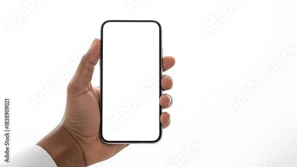 Obraz Hand holding a blank white smartphone screen mockup isolated on a white background