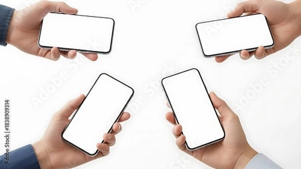 Obraz Four hands displaying blank mobile phone screens for digital mockup presentation