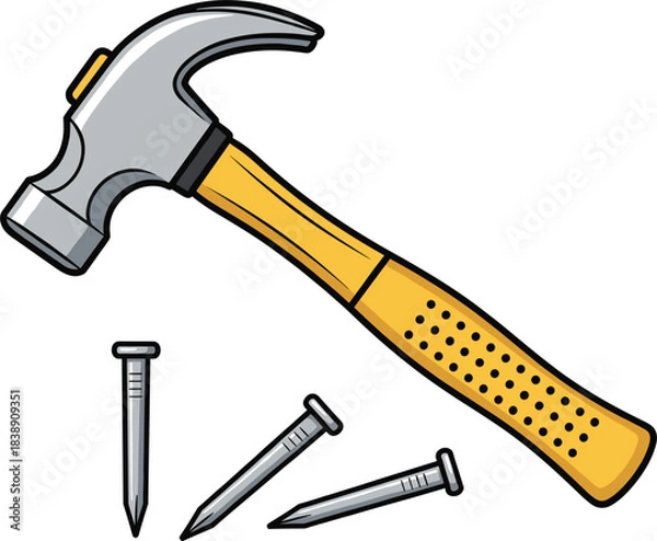 Obraz Cartoon illustration of a hammer with scattered nails, detailed hand tool artwork for construction, carpentry, and DIY projects.