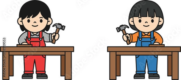 Obraz Children learning basic woodworking skills using hammers at a workbench, adorable kids crafting and practicing carpentry activities.