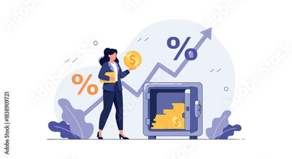 Fototapeta Businesswoman managing her finances and investments, securing savings in a safe while benefiting from financial growth and interest rates.