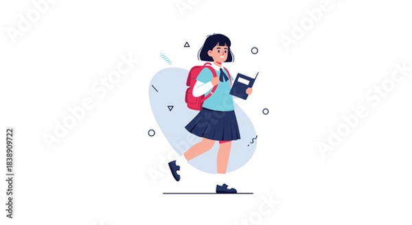 Fototapeta A cheerful young student in school uniform with a backpack and book, walking confidently and ready for a day of learning.