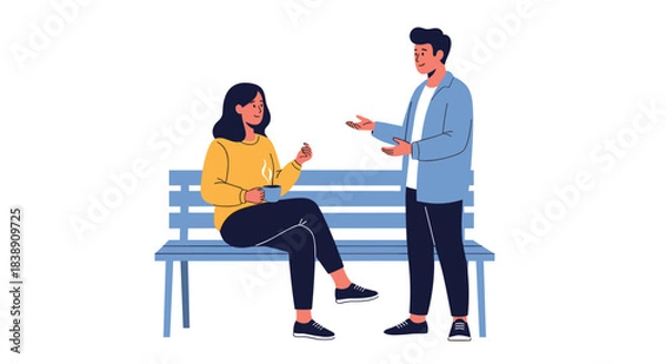 Fototapeta A woman sitting on a park bench enjoys a warm drink while a man stands nearby, engaging her in a friendly conversation.