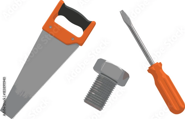 Fototapeta Set of construction tools including handsaw, screwdriver, and metal bolt, perfect for repair, DIY projects, woodworking, and hardware illustrations.