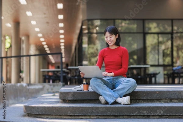 Obraz Young student working on laptop on campus steps