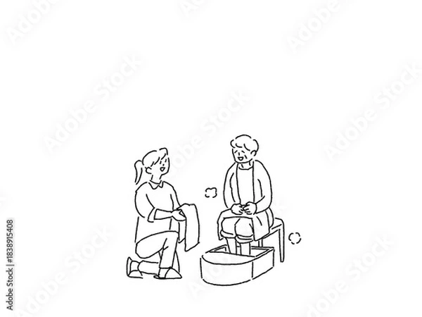 Obraz 足湯をする高齢女性とタオルを差し出す、看護師、介護士、ヘルパーの女性、線画
