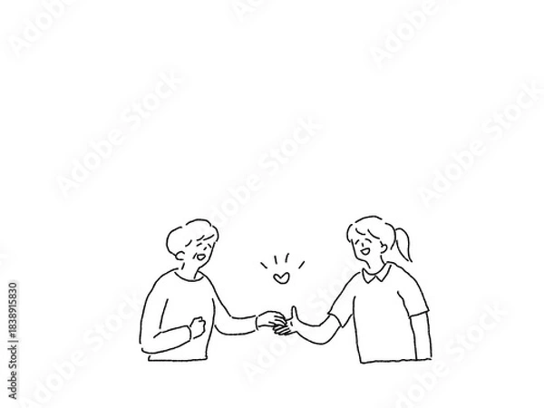 Obraz 高齢者と手を取り合う女性看護師、介護士の女性、線画、
