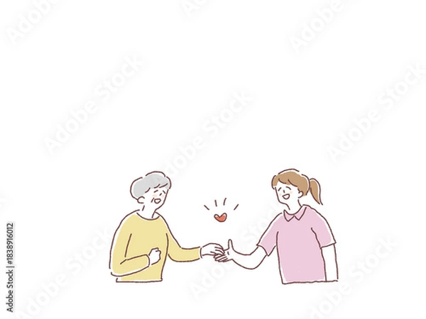 Obraz 高齢者と手を取り合う女性看護師、介護士の女性