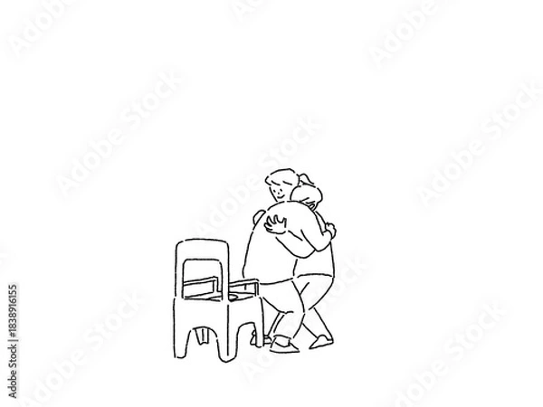 Obraz ポータブルトイレに高齢女性を移乗介助する介護士、ヘルパーの女性、線画
