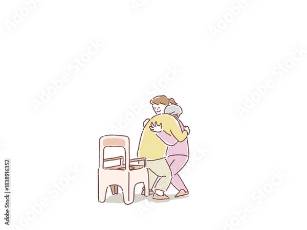 Obraz ポータブルトイレに高齢女性を移乗介助する介護士、ヘルパーの女性