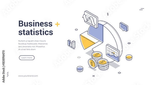Obraz Isometric web banner for business statistics and data analysis. Vector illustration template with pie chart and coins. Concept for finance report, market research, and modern web page design