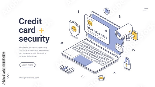 Obraz Isometric web banner for credit card security and data protection. Vector illustration template with laptop and lock. Modern landing page for secure online payments and finance