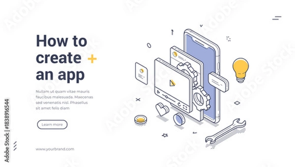 Obraz Isometric web banner for mobile app creation. Vector illustration template with smartphone and development tools. Modern landing page for software design, coding process, and user interface building