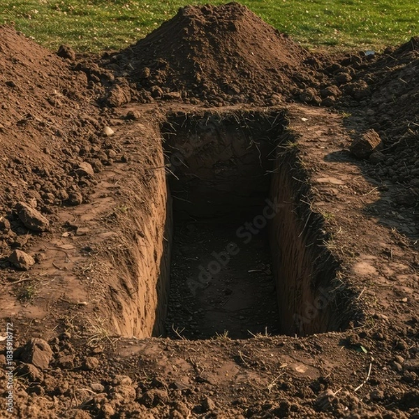 Fototapeta Freshly dug earth next to a rectangular opening in the ground at a quiet burial location, suggesting a new interment preparation ,peace ,earth ,shadow