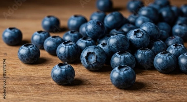 Fototapeta Freshly picked blueberries scattered on a rustic wooden surface, highlighting their deep blue color and healthy, juicy texture ,delicious ,macro ,blueberry
