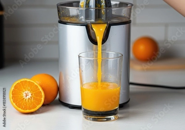 Fototapeta Freshly squeezed vibrant orange juice flowing from a modern electric citrus juicer machine into a glass on a white kitchen counter ,machine ,fruit ,Juicer
