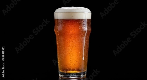 Fototapeta Golden amber craft ale sits in a frosty glass, showcasing a creamy white foam head and condensation dripping down the side ,hospitality ,wheat ,golden