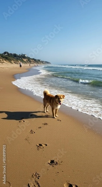 Fototapeta Happy canines enjoying the designated coastal area. Waves crash gently on the shore of this popular sandy location for domestic animals ,summer ,fetching ,pet
