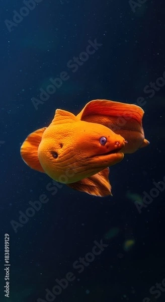 Fototapeta Highly saturated image of a tropical orange eel moving through dark blue water, emphasizing the fluid motion and vibrant color ,exotic ,beautiful ,flowing
