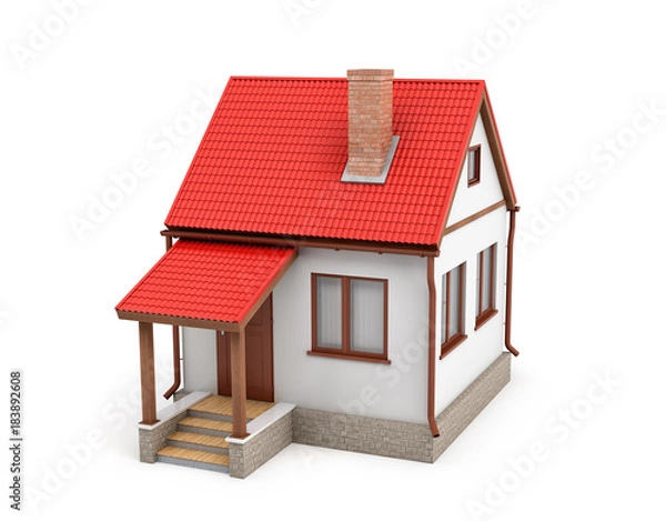 Fototapeta 3d rendering of a small residential house with a chimney and a red roof on a white background.