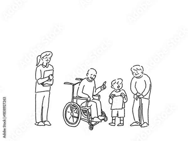 Obraz 車椅子、杖をついた高齢者に絵を見せる子供、看護師、ヘルパーの女性、線画
