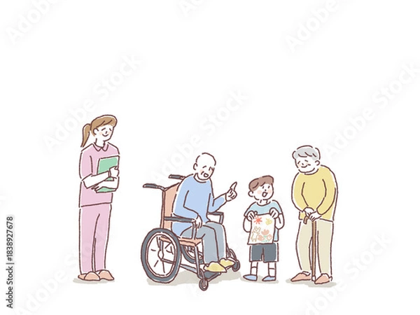 Obraz 車椅子、杖をついた高齢者に絵を見せる子供、看護師、ヘルパーの女性