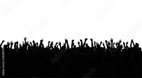 Fototapeta High-contrast black silhouette of a diverse, tightly packed crowd with hands raised high, isolated on a transparent studio backdrop with generous copy space, concept of collective enthusiasm and unity