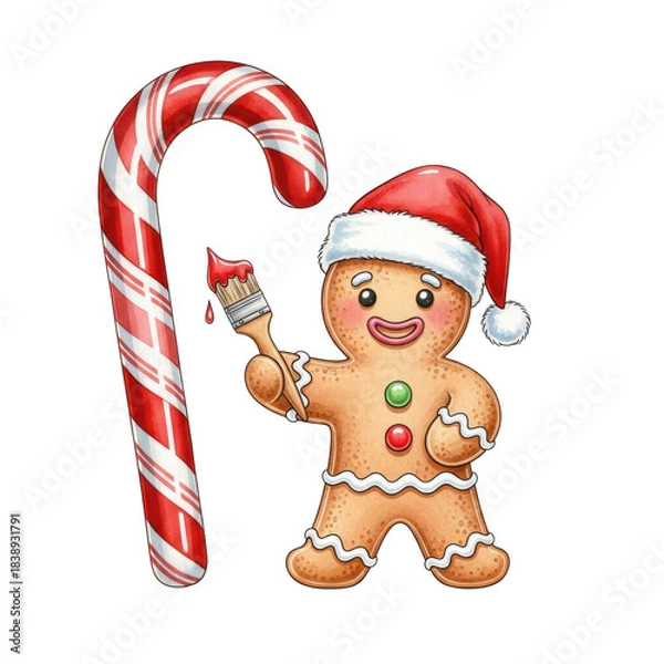 Fototapeta adorable smiling gingerbread man in a santa hat holding a paintbrush next to a striped candy cane, watercolor illustration on white background, handmade holiday joy concept