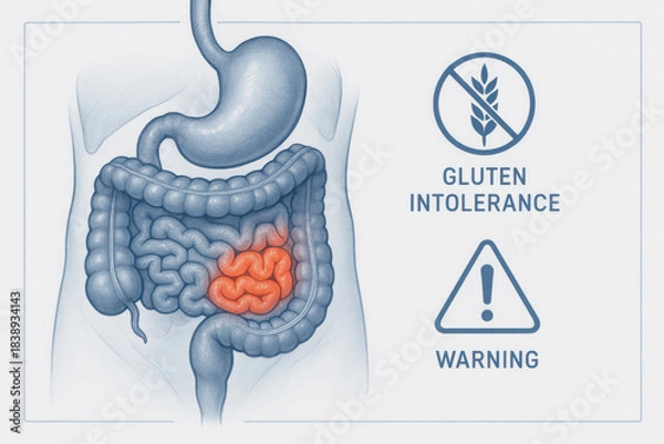Obraz Medical illustration showing concerning digestive anatomy with highlighted inflamed small intestine from gluten intolerance. Minimal blue toned layout with clinical warning symbol