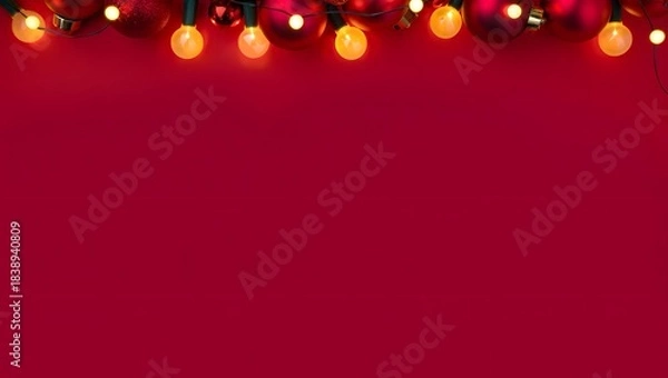 Fototapeta Festive Holiday Ornaments and Lights on Red Background for Christmas