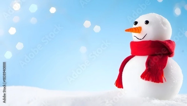 Fototapeta Charming Snowman with a Bright Orange Carrot Nose and Red Scarf