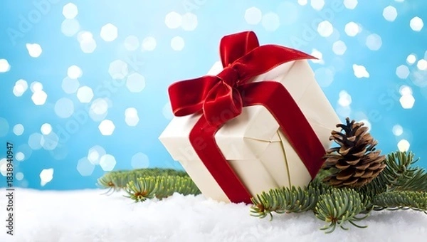 Fototapeta Elegant Christmas Gift Wrapped with Red Ribbon on Snowy Background